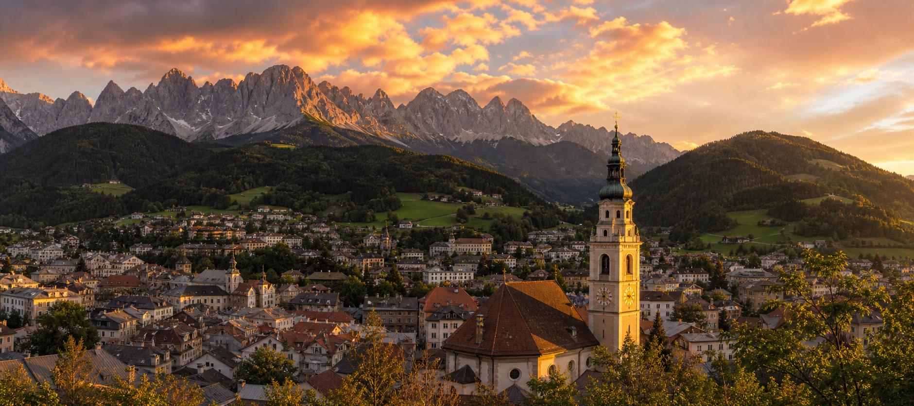 Scatto panoramico di Bressanone tra le montagne dell'Alto Adige al tramonto