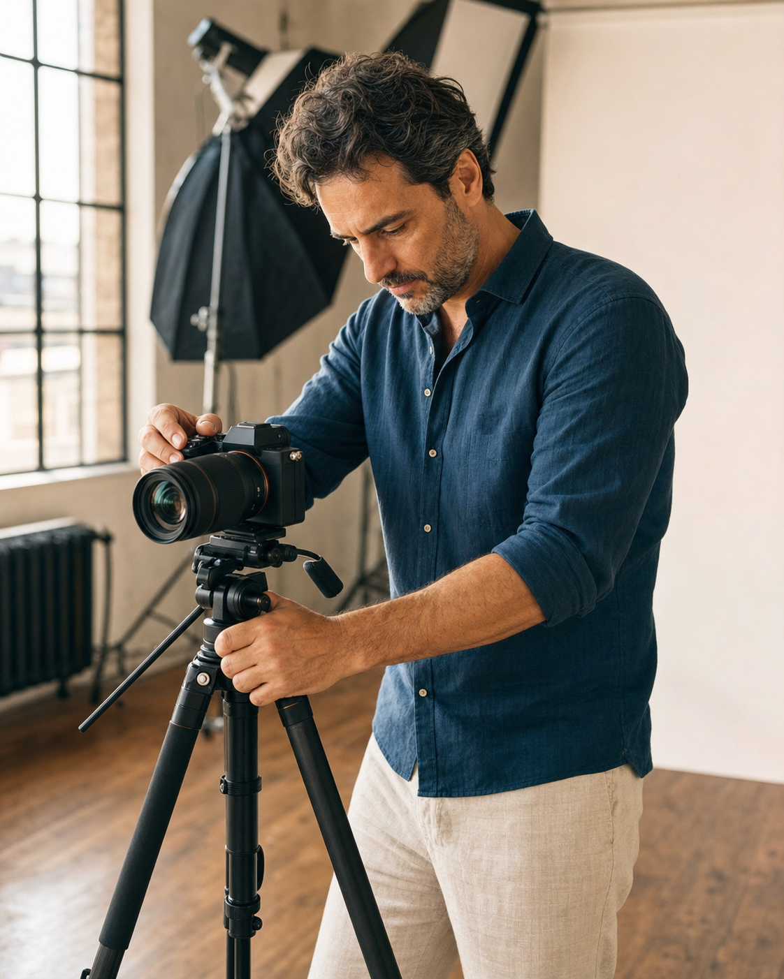 Giacomo Rizzo regola una fotocamera su treppiede nel suo studio luminoso a Bressanone, Alto Adige
