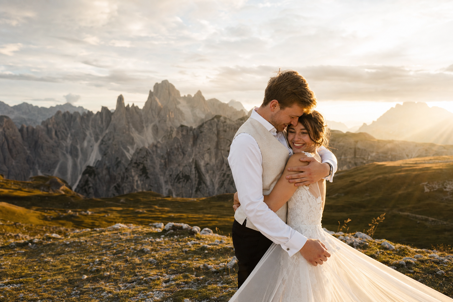 Servizio fotografico di matrimonio con gli sposi e vista sulle Dolomiti