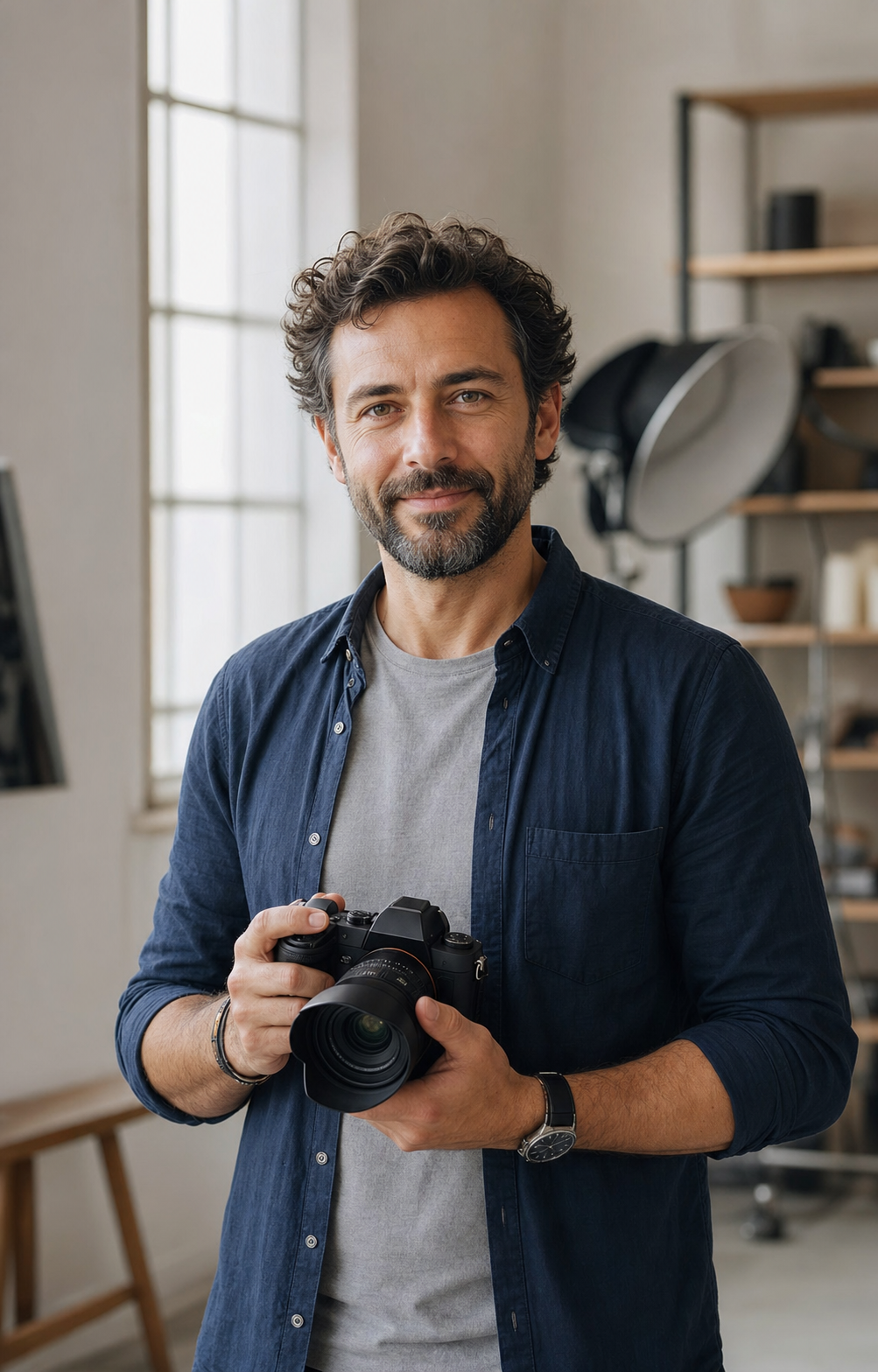 Giacomo Rizzo, fotografo titolare dello studio Sfocato a Bressanone, con la sua fotocamera